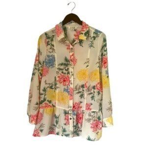 Simply Noelle Blouse Womens Long Sleeve Boho Flare White W/Floral Button Down XS